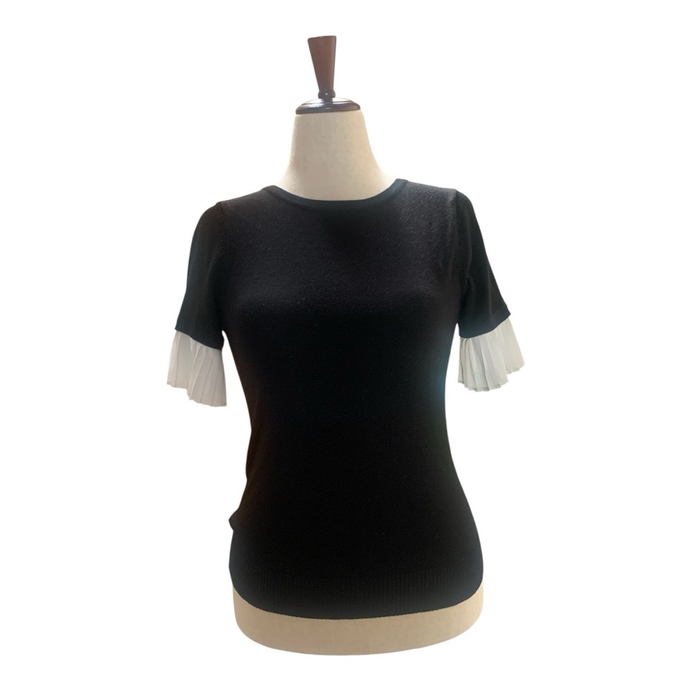 Vila Milano Black Sweater White Pleated Chiffon‎ Sleeves Lightweight Sz Small